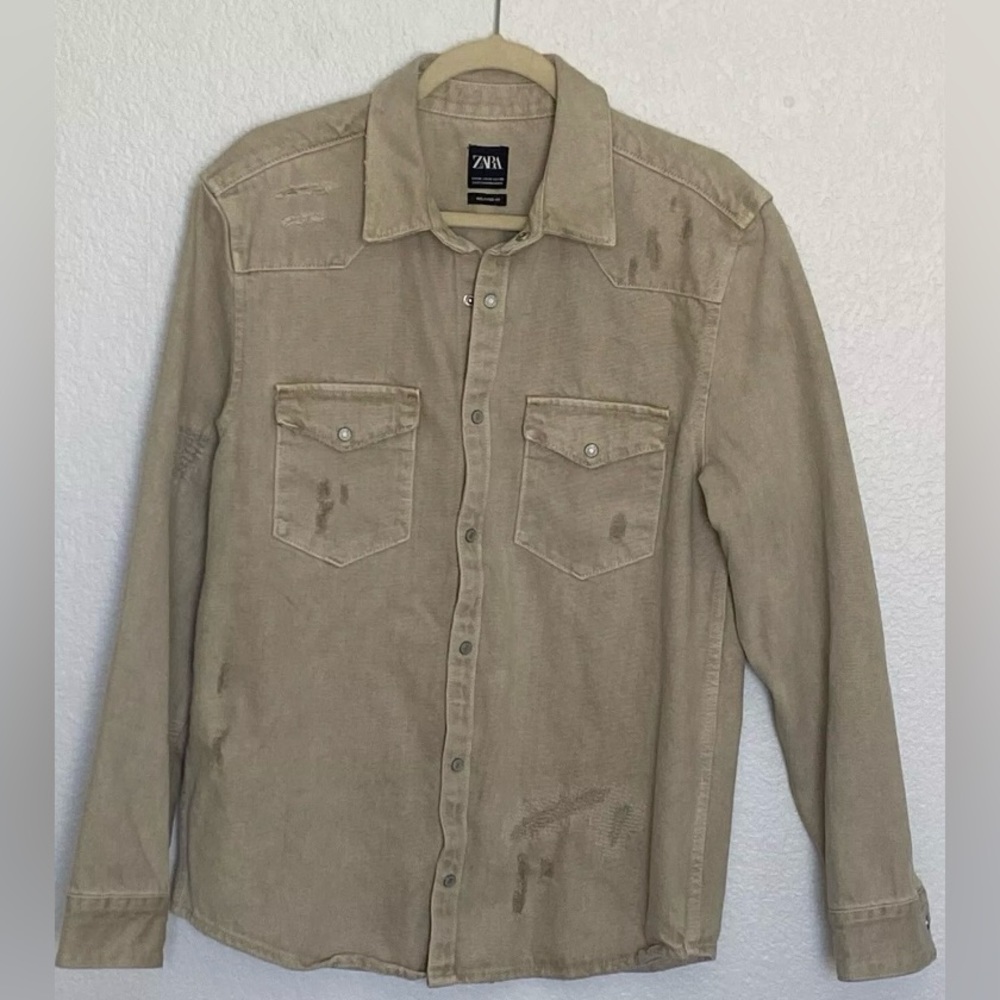 Zara Ripped Denim Overshirt size M jeans shirt jacket trucker Distressed